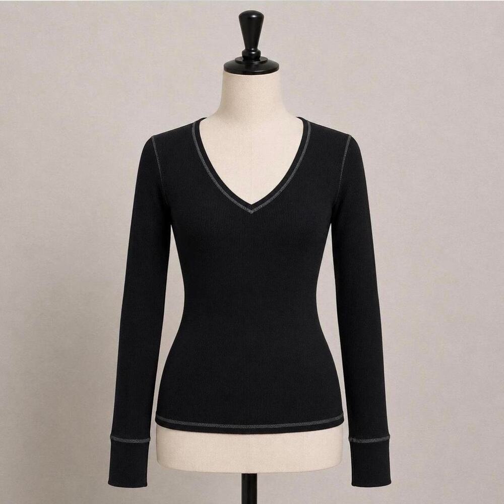 op black contrast‑stitch ribbed long‑sleeve top — size L